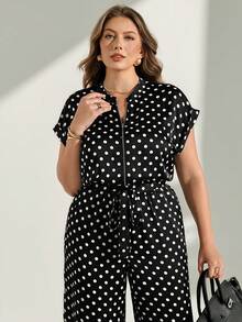 Chikora Plus Size Polka Dot Short Sleeve Jumpsuit, Elegant Women's Jumpsuit, Women's Commuter Outfit, Women's Office Jumpsuit, Women's Office Attire - Black and White - View 5