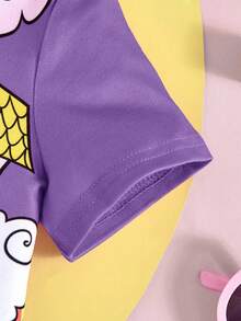 LOONEY TUNES X SHEIN 女婴卡通崔弟和彩虹印花可爱休闲粉色短袖T恤和短裤套装 - 紫色 - 查看 5