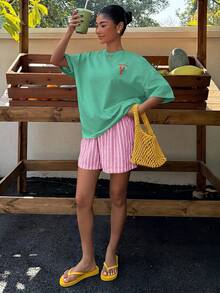 Comfortcana Oversize T-Shirts Casual Minimalist Shrimp Pattern Crew Neck Short Sleeve Ultra Loose Plus Size T-Shirt, Beach Holiday Vacation Mint Green Summer - Green - View 5