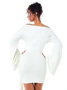 SUMWON WOMEN Slinky Jersey Off Shoulder Bell Sleeve Tie Waist Mini Dress Party Bodycon Style - White - View 2