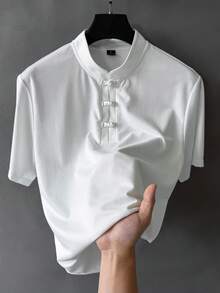Manfinity CasualCool 男士休閒百搭青蛙鈕扣短袖時尚 Polo 衫，適合 7 月 4 日國慶日、度假 - 白色 - 查看 6