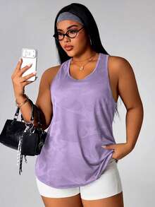 SHEIN Rhythm Era Plus Size Women's Camouflage Print Casual Athletic Fitness Sports Tank Top Gym Purple Summer Gym - Lilac Purple - View 5