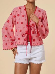 Travachic 女款格紋花卉刺繡圖案休閒百搭日常出遊襯衫 - 紅色 - 查看 8