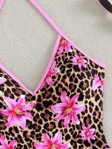 Swim Basics 夏季新款女式一件式復古豹紋掛脖細肩帶性感海灘度假休閒動物印花泳衣 - 粉色 - 查看 4
