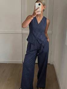 DAZY Women's Summer Striped Spaghetti Strap Top And Long Pants Casual Two Pieces Set - Navy Blue - View 2