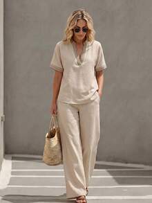 Faunlyn Women's Striped Notch V-Neck Short Sleeve Shirt And Pants Casual 2 Pieces Set - Khaki - View 6