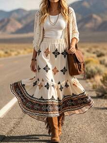 LanaWest Women's Summer Vintage Boho Floral Pattern West Casual Skirt Vacation Beige - Multicolor - View 7