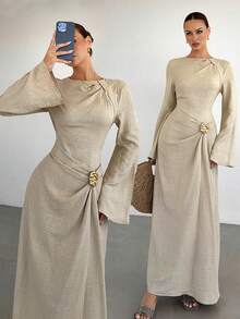 SHEIN Tall CURVE 大尺碼女款長袖金屬感花卉裝飾優雅洋裝 - 杏色 - 查看 5