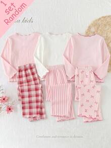 [Randomly Sent 1 Set]Baby Girl Spring/Autumn New Bowknot, Cherry, Striped Combination Print Knit Wavy Colorblock Ruffle Trim Long Sleeve Long Pants 2-Piece Set Loungewear 1Sets - Multicolor - View 2