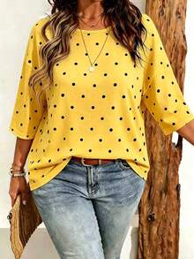 EMERY ROSE Plus Size Women's Casual Minimalist Polka Dot Print Drop Shoulder T-Shirt, Suitable For Summer Wear - Multicolor - View 1