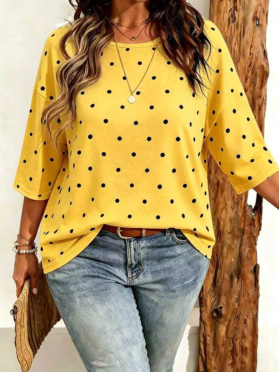 EMERY ROSE Plus Size Women's Casual Minimalist Polka Dot Print Drop Shoulder T-Shirt, Suitable For Summer Wear - Multicolor - View 1
