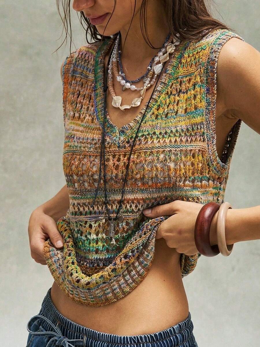 Bohemela 女款漸層V領鏤空設計針織背心 - 彩色 - 查看 1