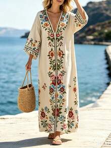 Ceyna Plus Size Deep V-Neck Symmetrical Placement Print Long Loose Dropped Shoulder Dress - Apricot - View 4