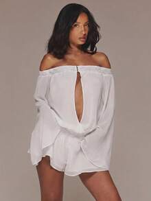 MUSERA Bardot Off Shoulder Lace Trim Flared Sleeve Playsuit Spring Summer Vacation Holiday Classy Elegant Night Out Date Night Luxury Beach Party - White - View 5