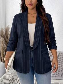 SHEIN LUNE Blazer Wanita Ukuran Besar Warna Polos Lengan Lipit untuk Musim Panas, Formal, Biru Tua, Kasual - Navy Blue - View 3
