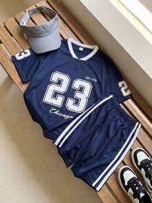 SHEIN 青少年男孩宽松运动短袖和短裤套装 - 藏蓝色 - 查看 5