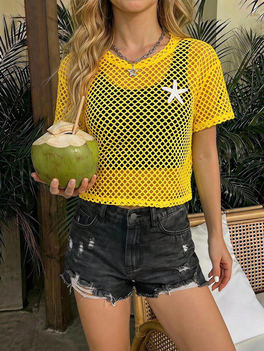 SHEIN 少女圓領海星裝飾休閒熱帶風百搭日常外出海灘度假短袖T恤 柔和黃色 夏季 - 彩色 - 查看 1