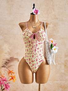 Swim Mod 女款夏季海灘碎花抽繩三角比基尼泳褲連身泳衣，甜美可愛碎花設計 - 淡黃色 - 查看 6
