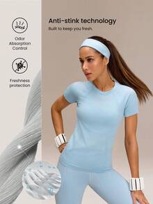 GLOWMODE Seamless Workout Shirt Slim Fit Short Sleeve Sports Tees Gym Athletic Tops Summer - Baby Blue - View 4