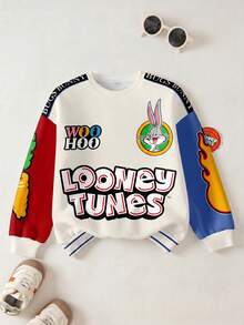 LOONEY TUNES X SHEIN Tween Boy Letter & Cartoon Graphic Color Block Crew Neck Long Sleeve Sweatshirt - White - View 1