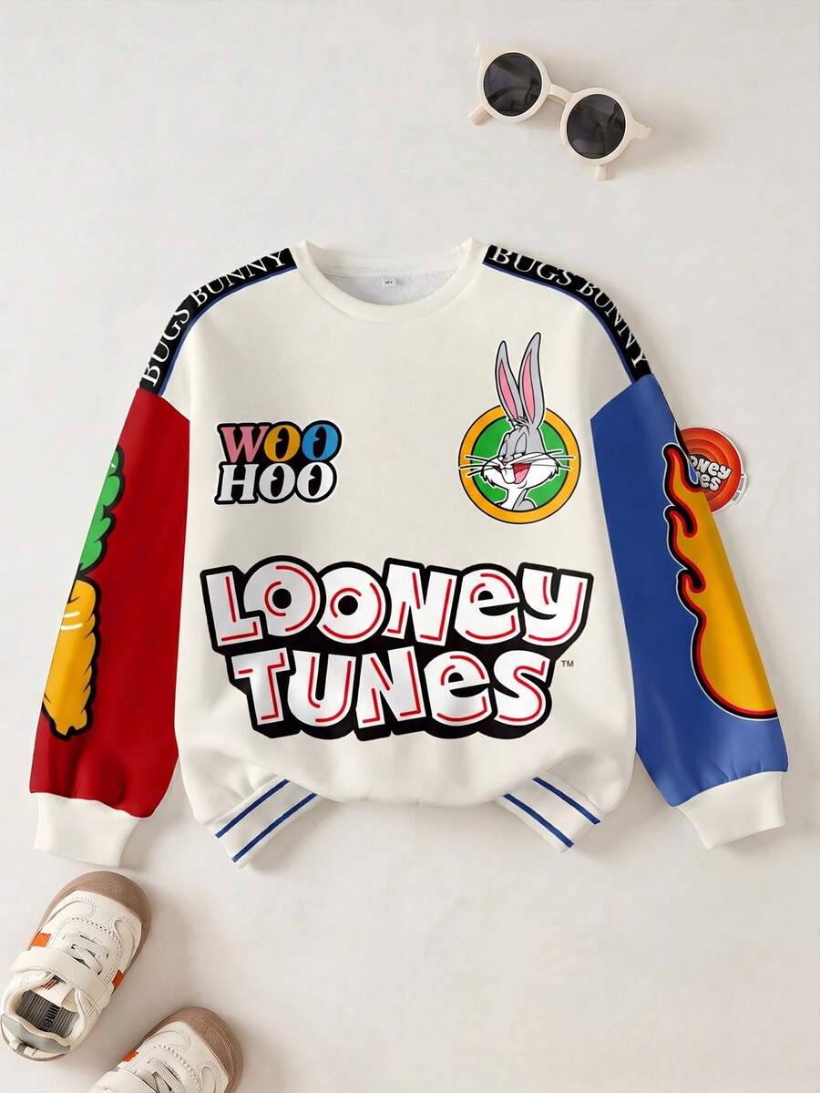LOONEY TUNES X SHEIN Tween Boy Letter & Cartoon Graphic Color Block Crew Neck Long Sleeve Sweatshirt - White - View 1