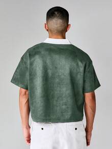 SUMWON 休閒寬版麂皮 Polo 衫，刺繡文字 Logo 與對比領短袖上衣 - 綠色 - 查看 2
