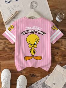LOONEY TUNES X SHEIN Tween Girls' Striped Letter & Cartoon Print Casual Versatile Daily Wear Short Sleeve T-Shirt - White - View 2