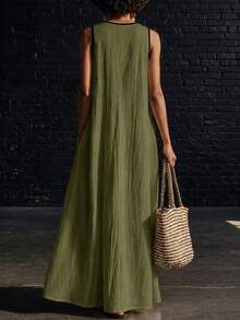 SHEIN Holidaya 女款春夏新款軍綠色拼接100%純棉布料寬鬆V領度假休閒70s 80s通勤日常優雅派對居家長版 - 綠色 - 查看 2