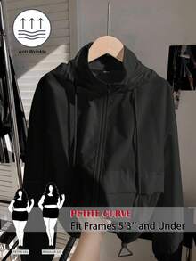 SHEIN PETITE CURVE Plus Size Women's Solid Color Drawstring Hooded Zip-Up Casual Versatile Daily Wear Jacket - Black - View 2