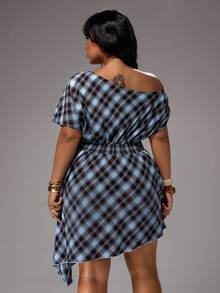 Sunnyshic Plus Size Spring/Summer Asymmetrical Shoulder Plaid Waist Knot Solid Color Patchwork Dress Beach Vacation Baby Blue Sexy 1960s 90s - Multicolor - View 2
