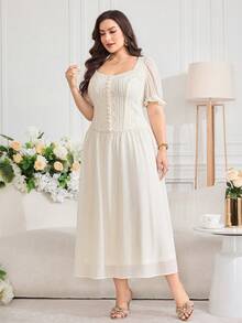 Modelyn Plus Size Women's Geometric Textured Short Puff Sleeve Elegant Dress Wedding Guest White Summer - Apricot - View 7