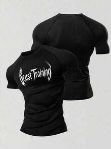 GymBeat Camiseta deportiva de manga raglán con gráfico de letras para hombre, adecuada para gimnasio y vacaciones de verano - Negro - Ver 4