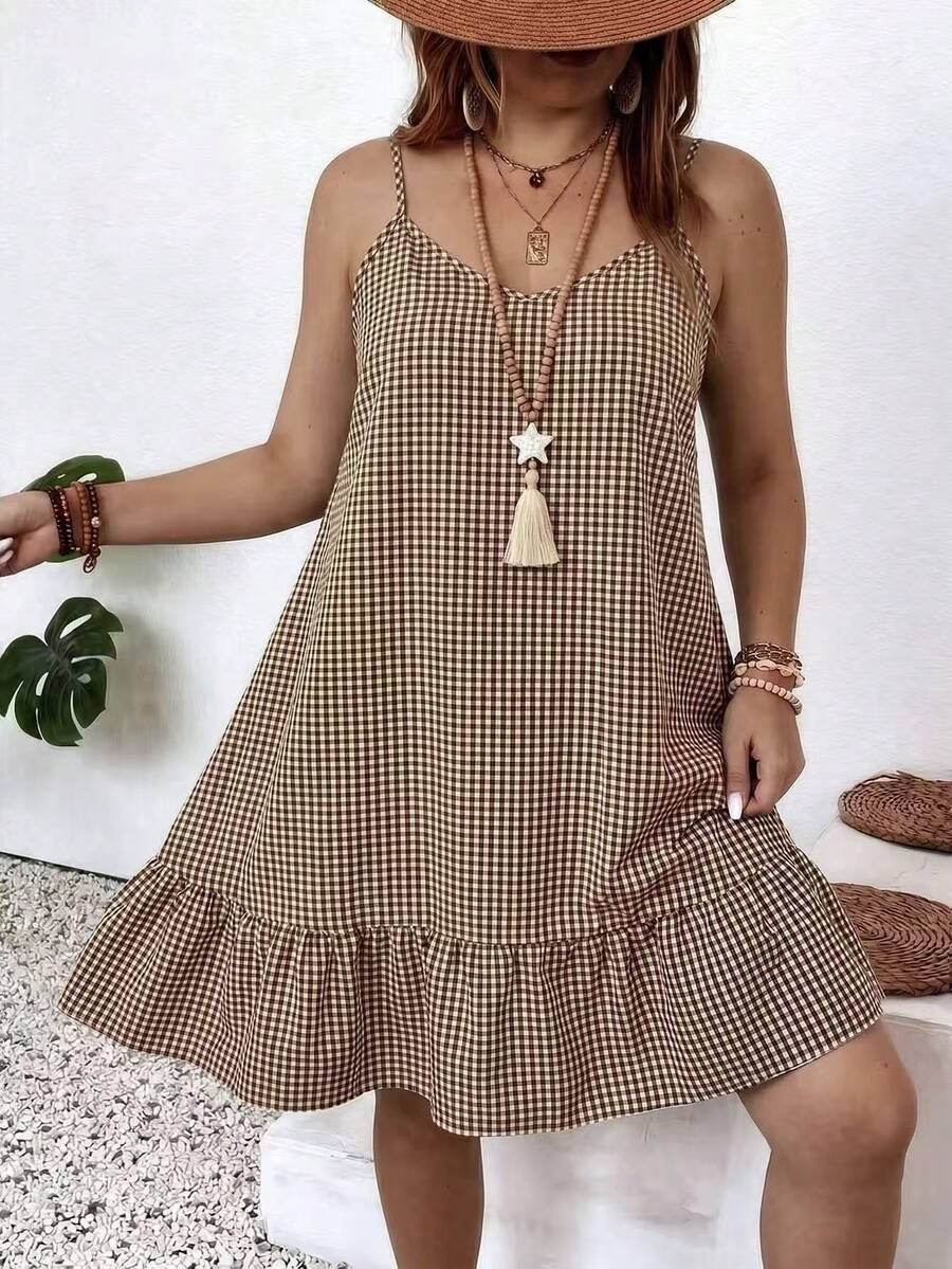 Weeklong Plus Size Women's Plaid Ruffle Hem V-Neck Cami Dress - Brown - View 1