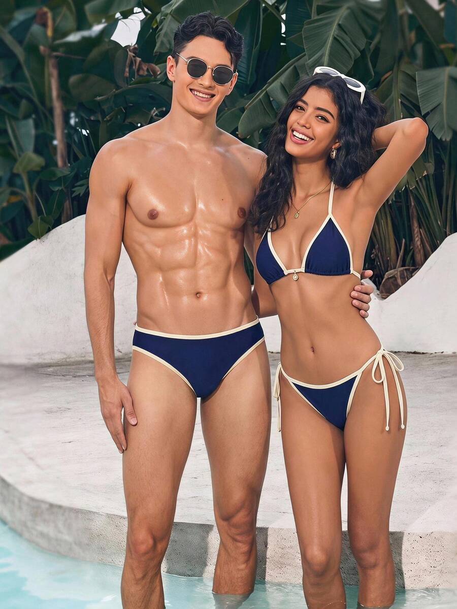 Manfinity Swimmode 男士條紋三角泳褲,度假海灘 - 藍色 - 查看 1