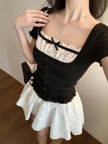 DAZY 女士撞色蝴蝶结休闲短袖T恤夏季娃娃衫可爱上衣 - 黑色 - 查看 4