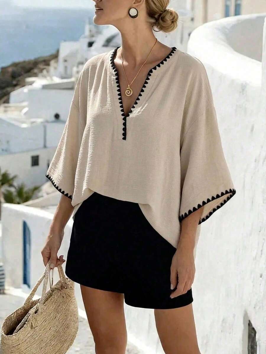 Selamara 大尺碼女款對比飾邊休閒百搭日常外出上衣 - 杏色 - 查看 1
