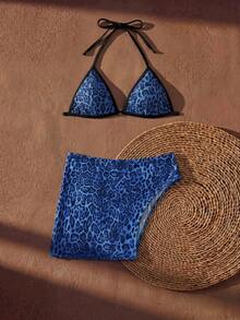 Anewsta Women's Sunny Beach Blue Leopard Print Top And Skirt Swimsuit Set - Multicolor - View 3