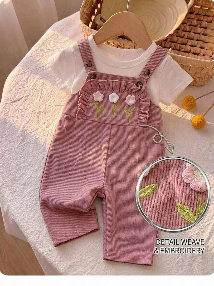 SHEIN 女嬰可愛百搭休閒粉色彩虹刺繡連身褲,適合兒童在春、夏、秋、冬穿著 - 粉色 - 查看 1