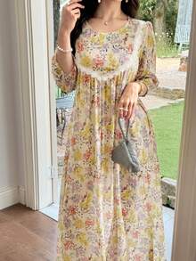 Al Najma Gaun Flare Patchwork Leher Bulat Bermotif untuk Wanita - MultiWarna - View 6