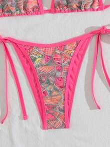Costavie Swim Vcay 2件組 春夏度假亮片紋理面料掛脖三角比基尼上衣與側綁比基尼泳褲 性感女款泳裝套裝 - 玫紅色 - 查看 7