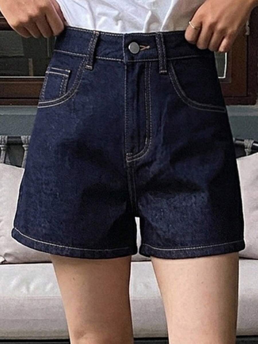 DAZY 女款中腰破洞寬鬆都市休閒牛仔短褲 - 深色水洗藍 - 查看 1