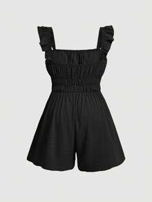 SHEIN MOD Plus Size Avocado Green Cute Ruffle Detail Center Front Strap Wooden Bead Decoration Romper In Gray Green - Black - View 4