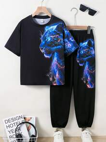 SHEIN 兒童 2件/套 青少年男童休閒視覺螢光動物圖案短袖圓領套裝，適合夏季男童 2件套 青少年男童短套裝 男童夏季套裝 男童圖案T恤與短褲套裝 男童服裝套裝 適合春/夏，日常穿著、運動、外出、學校、派對、節日、拍照 - 黑色 - 查看 4