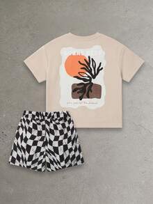 SUMWON Boys Casual Two Piece Set Beige Short Sleeve T Shirt With Nature Tree Print And Black Checkered Drawstring Shorts Summer Outfit - Khaki - View 1