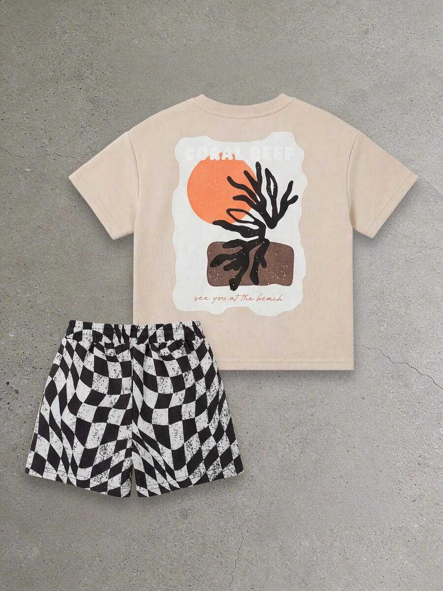 SUMWON Boys Casual Two Piece Set Beige Short Sleeve T Shirt With Nature Tree Print And Black Checkered Drawstring Shorts Summer Outfit - Khaki - View 1