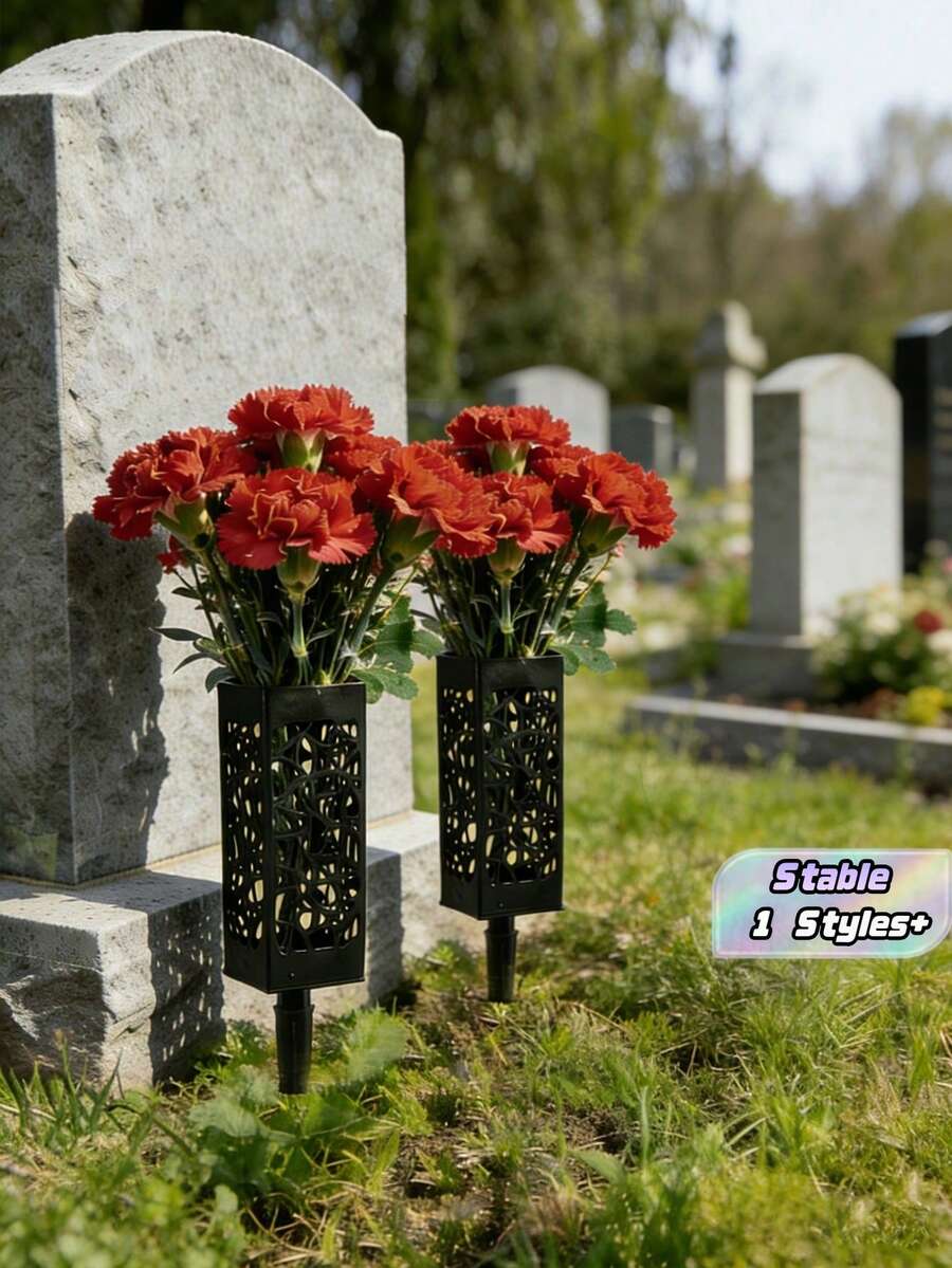 2 piezas Soportes para flores de tumba con estacas, jarrones cuadrados para cementerio para decoración de patio. Diseño hueco para fácil arreglo de flores, ideal para memorial de cementerio, marcador de jardín exterior & decoración floral de tumba. - Talla única - Ver 1