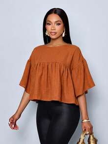 SOLERSUN Blus Peplum Wanita yang Menawan, Atasan Babydoll, Lengan Lonceng yang Mengalir, Potongan Longgar, Kontrol Perut, Warna Karat, Cocok untuk Kerja Kantor hingga Akhir Pekan yang Chic - Coklat - View 2