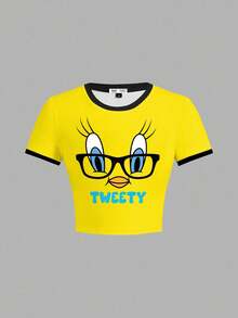 LOONEY TUNES X SHEIN 女士撞色修身卡通图案T恤 - 白色 - 查看 6