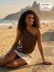 CAJUNI Women's One-Shoulder Asymmetric Hem Casual Tropical Versatile Daily Beach Vacation Outing Top Brown Summer - Brown - View 7
