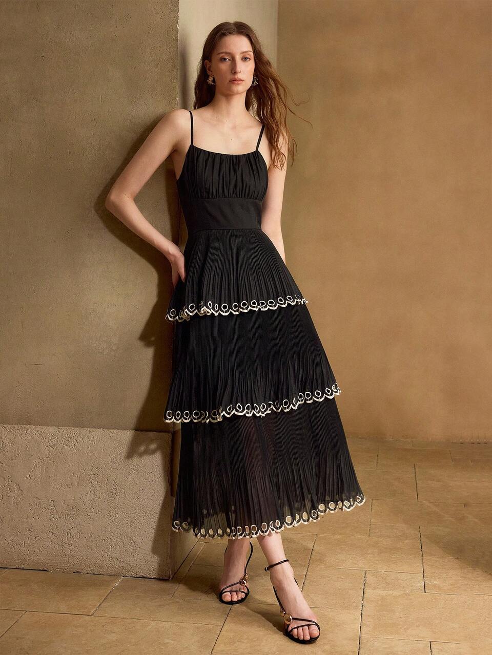 SUMMER CONTRAST EMBROIDERY LASER CUT PLISSE TIERED HEM SLIP DRESS